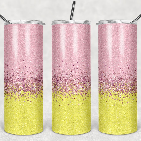 20 oz Skinny Tumbler Sublimation Design Template Glitter Ombre Yellow Pink Straight Design Digital Download PNG