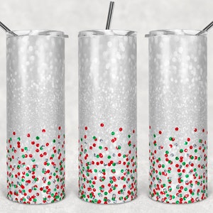 20 oz Skinny Tumbler Sublimation Design Template Glitter Confetti Red Green Christmas Colors Straight Design Digital Download PNG