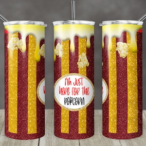 20 oz Skinny Tumbler Sublimation Popcorn Bucket Glitter Stripe Plain and Just here for the popcorn Design Digital Download PNG Instant