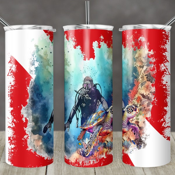 20 oz Skinny Tumbler Ocean Under the Sea Scuba Diver Dive male Tumbler Sublimation Design PNG Instant DIGITAL ONLY Scuba Dive Man Sea Turtle