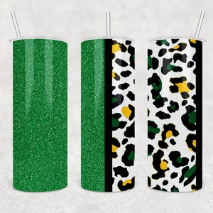 May include: Three stainless steel tumblers with lids and straws. The tumblers are green glitter, green glitter with a black stripe and a leopard print with green, black, and yellow spots.