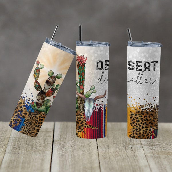 20 oz Skinny Tumbler Sublimation Design Template Glitter Serape Leopard Desert Dweller Skull Cactus Straight Digital Download PNG