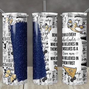 Custom 20 oz Skinny Tumbler Blue Gold Cheer Glitter Sublimation Design Digital Download PNG Instant DIGITAL ONLY rts tumblers Tamara