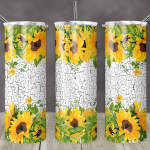 20 oz Skinny Tumbler Sunflowers Crackle Paint Sublimation Design  Digital Download PNG Instant DIGITAL ONLY top bottom sunflowers