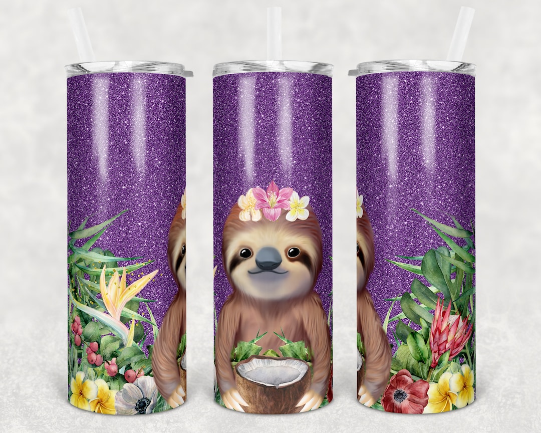 20 Oz Skinny Tumbler Sublimation Design Template Glitter Purple Sloth ...