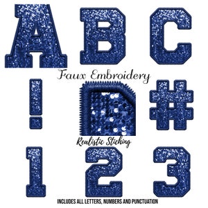 Alphabet Faux Embroidery Sequin Royal Blue All Letters, Numbers and Punctuation Included Sublimation or DTF  Design Digital Download PNG