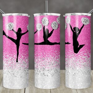 20 oz Skinny Tumbler Cheer Pink White Glitter Sublimation Design Digital Download PNG Instant DIGITAL ONLY rts tumblers Tamara