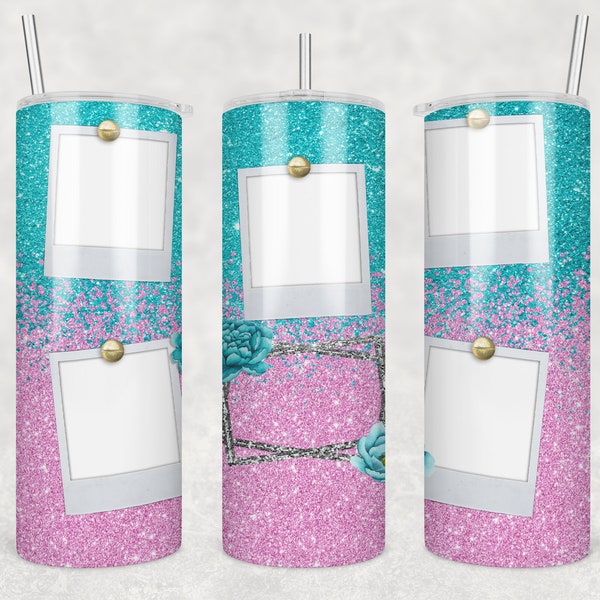 20 oz Skinny Tumbler Blessed Teal Pink Glitter 5 Photo Picture Sublimation Design Digital Download PNG Instant DIGITAL ONLY Tamara