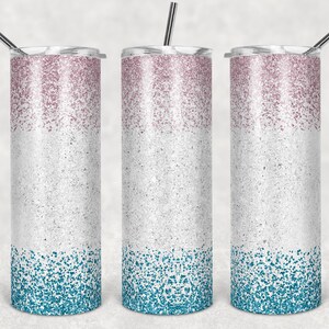 20 oz Skinny Tumbler Sublimation Glitter Pink Blue Confetti Ombre White Center Straight Design Digital PNG