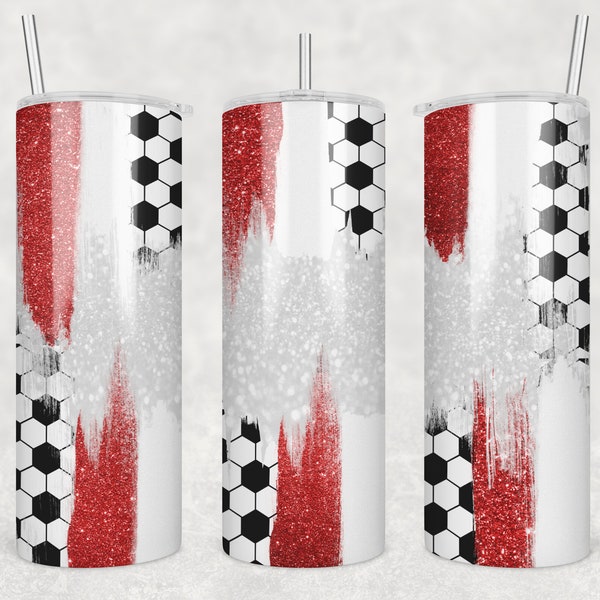 20 oz Skinny Tumbler Sublimation Design Red White Template Glitter Brush Stroke Sports Soccer Digital Download PNG Inst DIGITAL Only