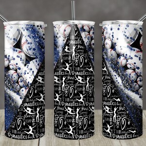 May include: A black and white tumbler with a blue glitter design. The tumbler features a pattern of baseballs and the words "Gymnastics best Gymnastics best Gymnastics best".
