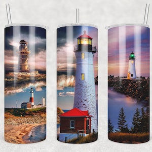 May include: Three stainless steel tumblers with different lighthouse images. The first tumbler features a lighthouse on a rocky shore with a stormy sky. The second tumbler features a white lighthouse with a red roof and a lighthouse keeper's house. The third tumbler features a lighthouse on a rocky shore with a foggy sunset.