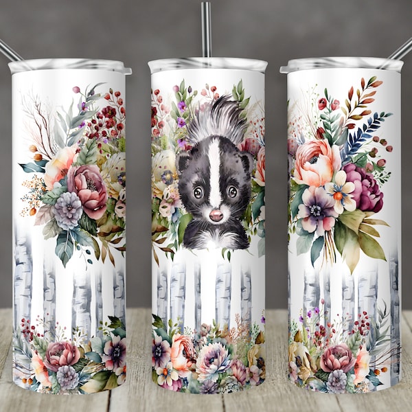 20 oz Skinny Tumbler Woodland Floral Skunk Tumbler Pretty Forest Sublimation Design PNG Instant DIGITAL ONLY Watercolor Woodland flowers