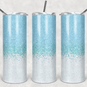 20 oz Skinny Tumbler Faux Glitter Ombre Blue and White Sublimation Design  Digital Download PNG DIGITAL ONLY