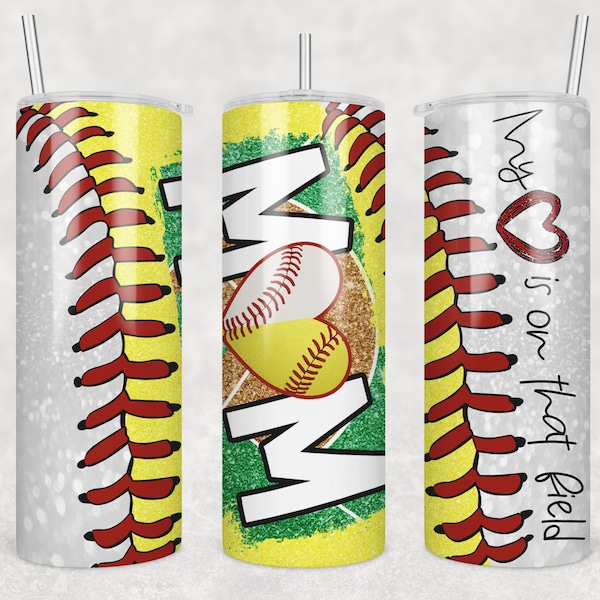 20 oz Skinny Tumbler Softball Baseball Mom Glitter Heart on Field Laces Sublimation Design Template Design Digital Download PNG DIGITAL