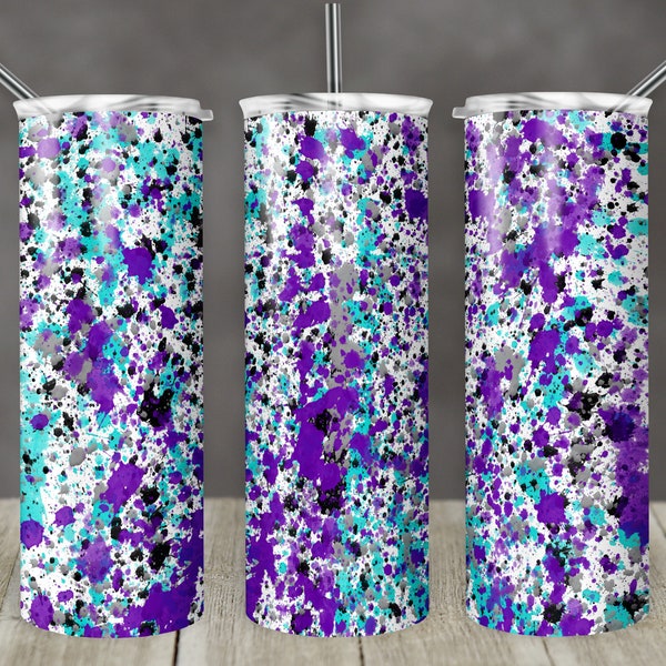 20 oz Skinny Tumbler Sublimation Design Template Teal Purple Black Gray splatter Power Wash Straight Design Digital Download PNG