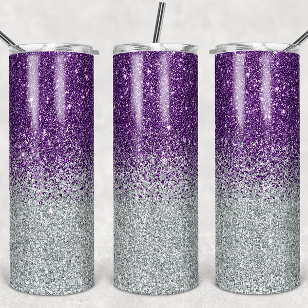 20 oz Skinny Tumbler Sublimation Design Template Glitter Ombre Purple Silver color Straight Design Digital Download PNG