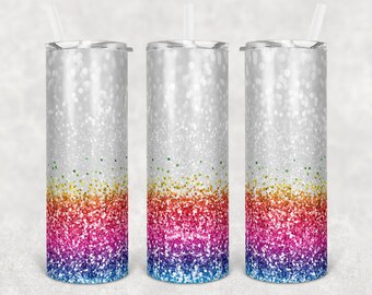 20 oz Skinny Tumbler Sublimation Design Glitter Confetti Rainbow Straight and Warped Design Digital Descargar PNG tumblers Tamara
