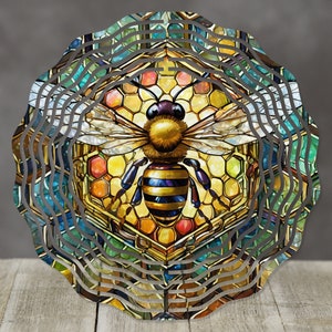 May include: A stained glass style illustration of a bee in a honeycomb. The bee is yellow and black with a purple head. The honeycomb is surrounded by a blue and green geometric pattern.