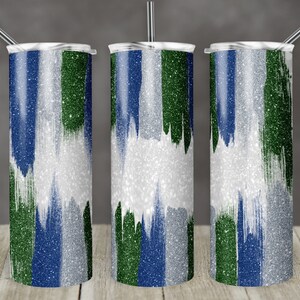 20 oz Skinny Tumbler Sublimation Design Template Blue Green Silver Brush Strokes