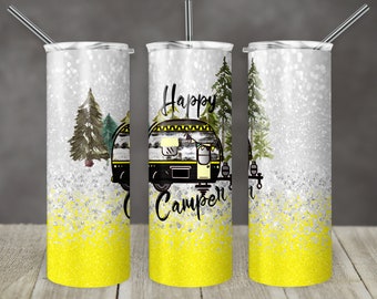 20 oz Skinny Tumbler Happy Camper Yellow Glitter Trailer Sublimation Design Digital Download PNG Instant DIGITAL ONLY