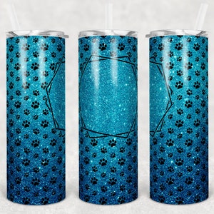 20 oz Skinny Tumbler Sublimation Blue Glitter Paw Dog Frame Add Text Personalize Template Straight Warped Digital Download PNG