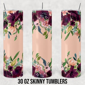 30 oz Skinny Tumbler Sublimation Design Template Peach and Maroon Floral Straight and Warped Digital Download PNG tumblers Tamara