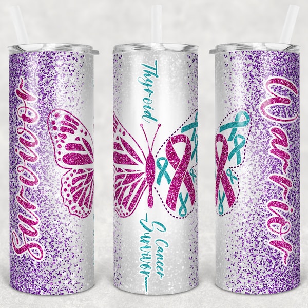 20 oz Skinny Tumbler Sublimation Glitter Thyroid Cancer Warrior Survivor Teal Pink Straight Warped Design Digital Download PNG