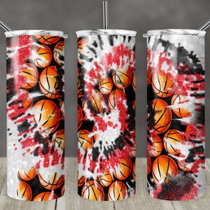 20 oz Skinny Tumbler TieDye Tie Dye Glitter Sports Basketball Red Black Sublimation Design Digital Download PNG Instant DIGITAL ONLY