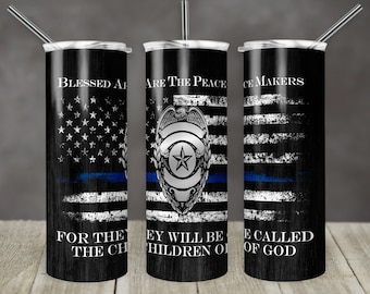 20 oz Skinny Tumbler Sublimation Design Template Blue Line Police Flag with Badge Add Name Badge Number Straight Design Digital Download PNG