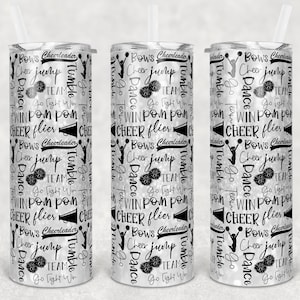 20 oz Skinny Tumbler Cheer White Glitter Cheer Words Cheerleading Sublimation Design Digital Download PNG Instant DIGITAL ONLY