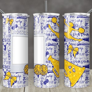20 oz Skinny Tumbler Cheer Photo Faux Glitter Blue Yellow Sublimation Design  Digital Download PNG Instant DIGITAL ONLY
