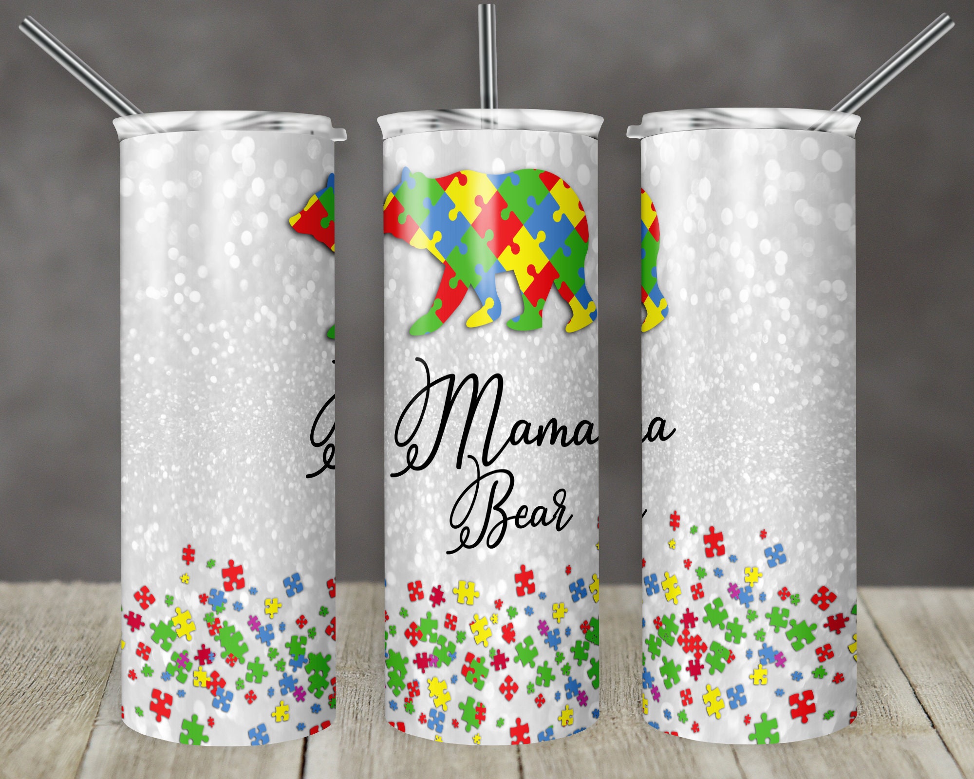 20 Oz Skinny Tumbler Sublimation Template Glitter Mama Bear Puzzle Mom ...