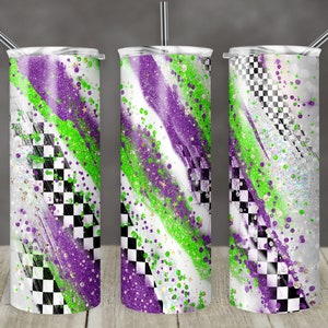 May include: Three stainless steel tumblers with a checkered pattern, green and purple glitter, and white background.