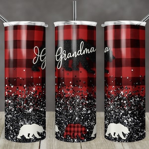 20 oz Skinny Tumbler Sublimation Design Template Plaid Grandma Bear Add your own Bears Digital Download PNG Instant DIGITAL ONLY Mother
