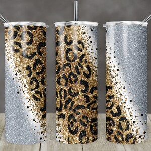 20 oz Skinny Tumbler Sublimation Design Template Glitter Silver Diagonal Leopard Straight and Warped Design Digital Download PNG