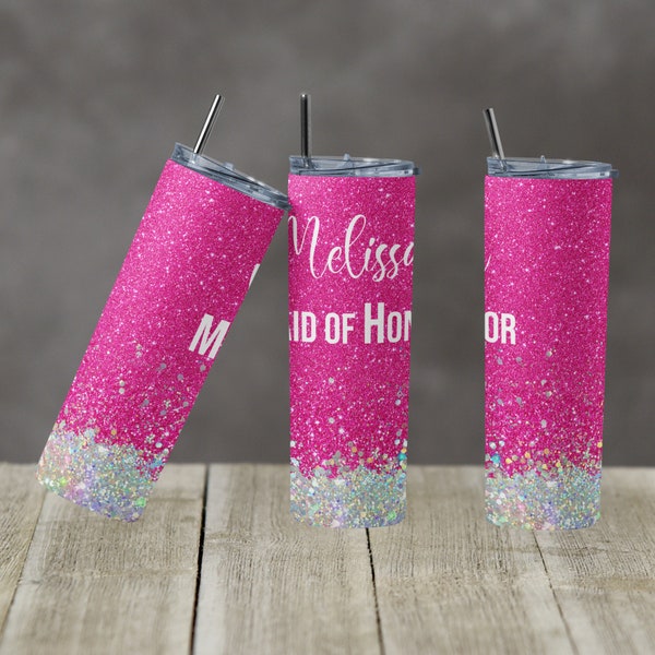 20 oz Skinny Tumbler Sublimation Design Template Glitter Hot Pink Holographic Straight Bridesmaid Maid of Honor Blank Digital Download PNG
