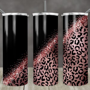 20 oz Skinny Tumbler Sublimation Design Template Glitter Rose Gold Black Diagonal Leopard Straight personalize Design Digital Download PNG
