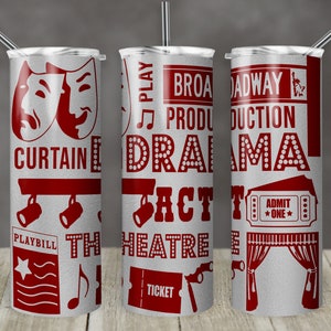 20 oz Skinny Tumbler Gray Maroon Drama Theatre Words Drama Sublimation Design Digital Download PNG Instant DIGITAL ONLY