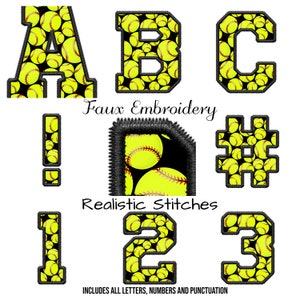 Peut inclure: Un ensemble de lettres, de chiffres et de signes de ponctuation en faux broderie noire et jaune. Les lettres sont remplies d'un motif de designs de softball jaunes sur fond noir. Le texte "Faux Embroidery" et "Realistic Stitches" est inclus dans l'image.