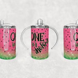 May include: Three pink and green watermelon-themed sippy cups with clear lids and handles. The cups have the text "ONE in a melon" printed on them.