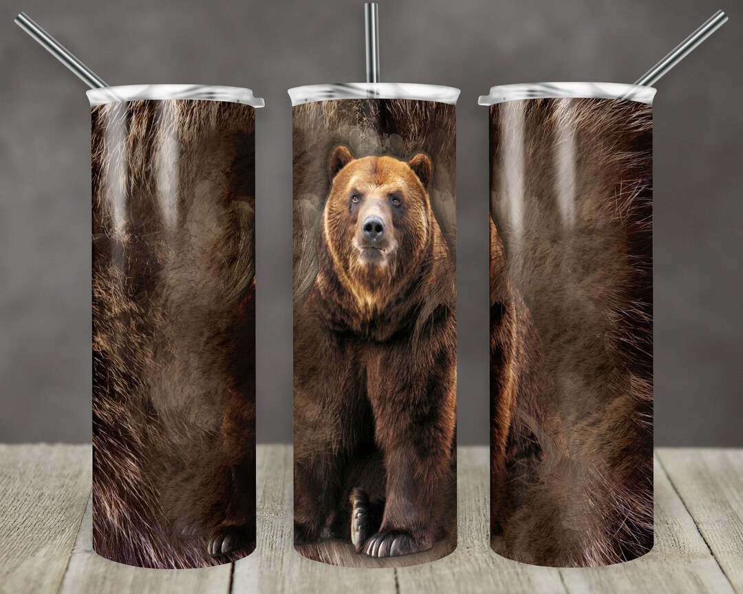 20 Oz Skinny Tumbler Sublimation Grizzly Bear Spirt Animal Fur