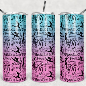 20 oz Skinny Tumbler Gymnastics Ombre Pink Teal Gymnastic Words Cheerleading Sublimation Design Digital Download PNG Instant DIGITAL ONLY