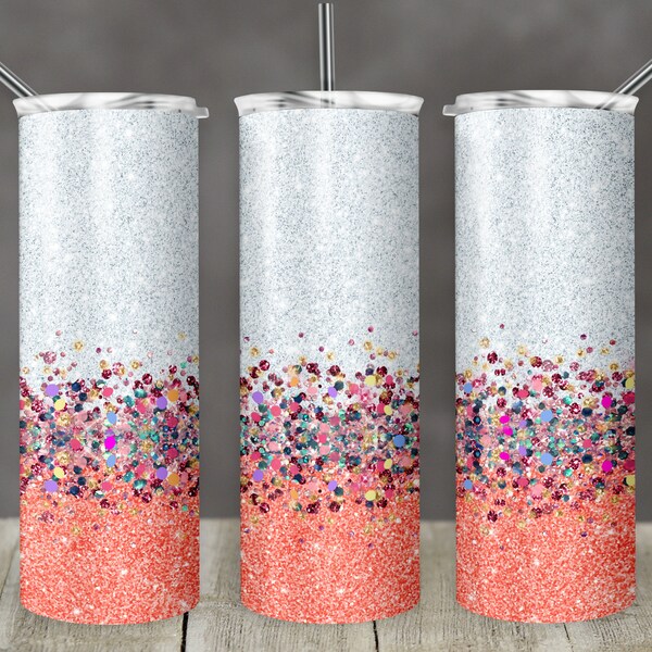 20 oz Skinny Tumbler Sublimation Design Glitter Coral Confetti Multi Color Chunky Straight Design Digital Download PNG Spring