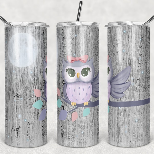 20 oz Skinny Tumbler Sublimation Design Template Cute Night Owl Pretty Owl Wood Background Straight Digital Download PNG tumblers Tamara