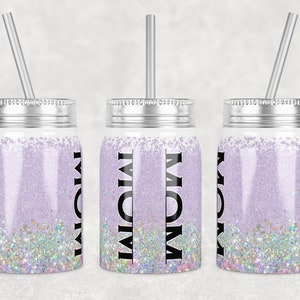 May include: Three silver mason jar tumblers with purple glitter and the word "MOM" printed on the side. Each tumbler has a silver lid and a clear plastic straw.