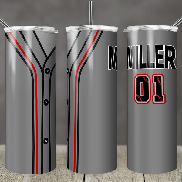 20 oz Skinny Tumbler Baseball Jersey Gray Black Red with Baseball Numbers Sublimation Design Template Design Digital Download PNG Inst