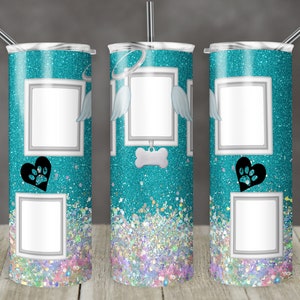 20 oz Skinny Tumbler Dog Memorial Picture Frame Teal Holographic Faux Glitter Tumbler photos Sublimation Design PNG Instant DIGITAL ONLY