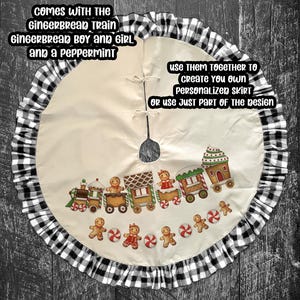 May include: A cream-colored Christmas tree skirt with a black and white checkered ruffle. The skirt features a gingerbread train design with gingerbread people and peppermint candies. Text on the skirt reads "Comes with the gingerbread train, gingerbread boy and girl and a peppermint."