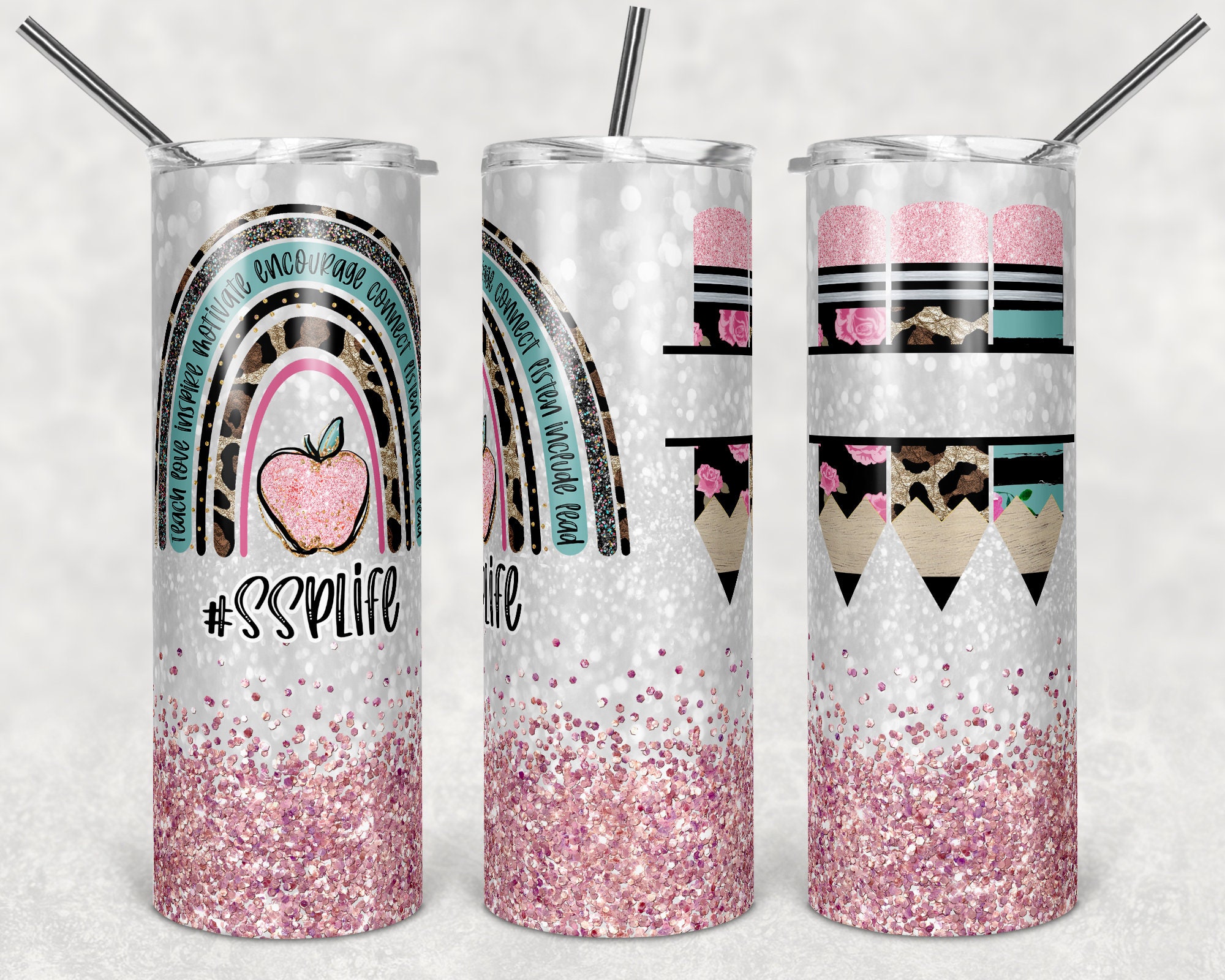 20 Oz Skinny Tumbler Rainbow Pink Glitter Teacher Ssp Life - Etsy